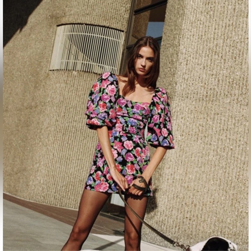 NWT Zara Floral Belted Pink Purple Puff Sleeve Mini Dress Zinnia Cottagecore XS. - Picture 3 of 16